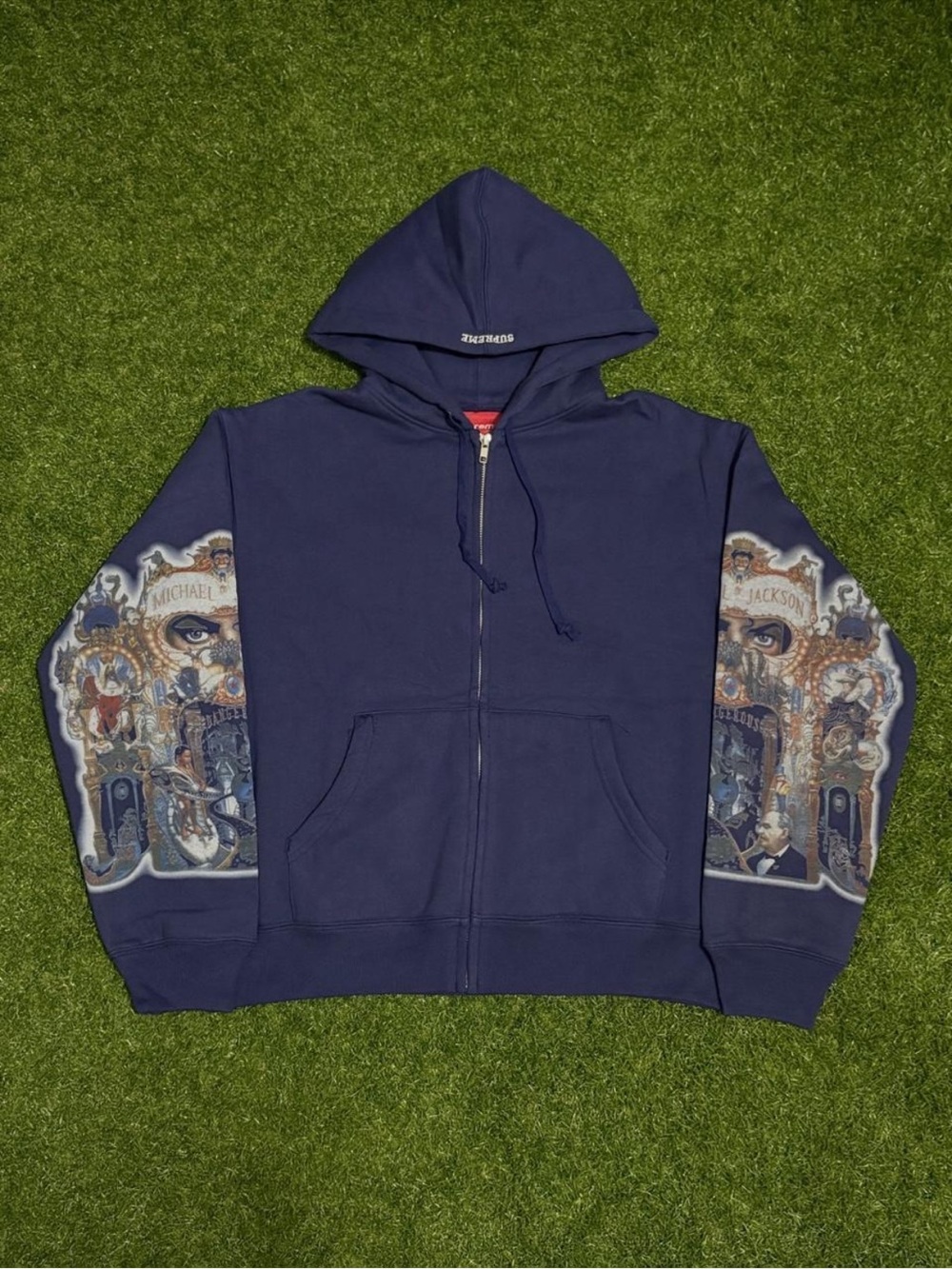 Navy Blue Zip Front Hoodie with Graphic Sleeve Art